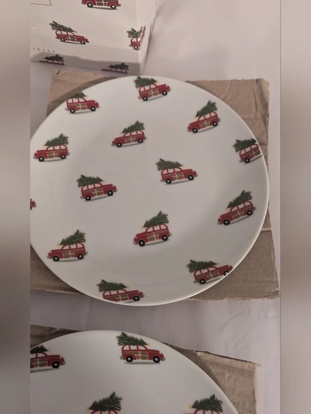 Pottery Barn Woody Car with tree on top Appetizer Plates 7